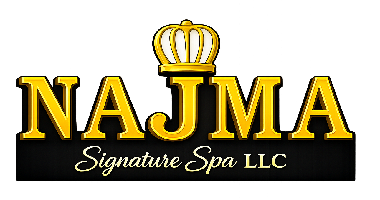 Najma Signature Spa LLC official logo with crown emblem, licensed massage and wellness spa in Al Rashidiya, Ajman